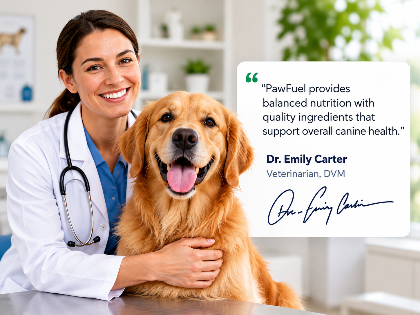 Veterinarian with golden retriever and PawFuel nutrition statement